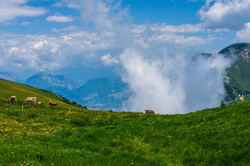 Panoramic view of the Monte Baldo mountains on Lake Garda in Italy.