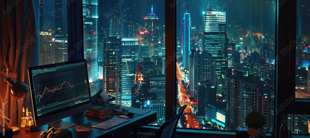 Poster a workstation with a forex chart on the monitor and a view of the city at night. concept of business