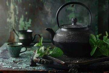 Foto op Aluminium Elegant black teapot with mint herbs and stone © Lubos Chlubny
