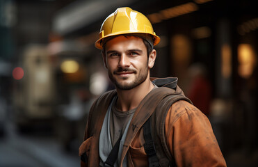 A cheerful male construction worker in a yellow hard hat and work vest against an urban backdrop
