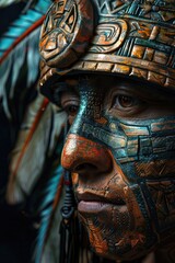 Face of an Aztec warrior on a black background