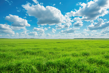 Green Grass Field Landscape with fantastic clouds in the background
