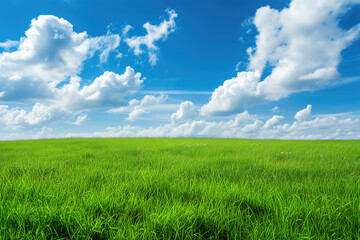 Fototapeta premium Green Grass Field Landscape with fantastic clouds in the background
