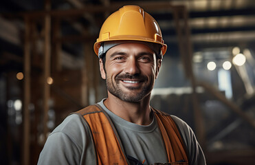 Friendly foreman in a safety helmet and reflective vest posing in an under-construction interior