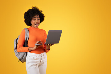 Astonished young woman with an afro wearing glasses looks at a laptop with an excited expression