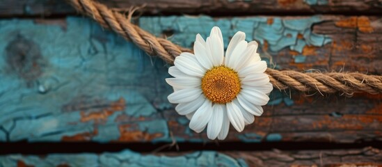 Obraz premium A white daisy featuring a vibrant yellow center delicately hangs on a rope against a wooden backdrop.