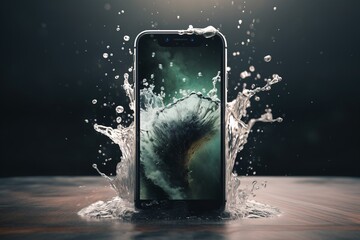 a cell phone with water splashing