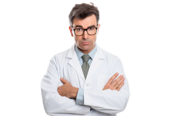 A young male medical doctor wear doctors uniform and stethoscope isolated on transparent background.