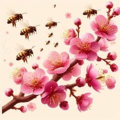 A 3D illustration in vector format featuring a blossom tree branch with sweet little bees flying around. This visual captures the beauty of spring or a blooming season, with the delicate blossoms