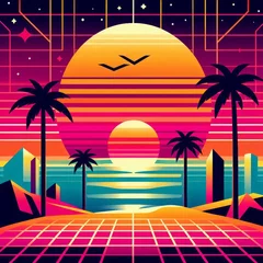 Fotobehang A vector illustration depicting a sunset scene in the vibrant and nostalgic Retrowave style. This art form often features bold, bright colors, and a nostalgic aesthetic reminiscent of 1980s and 1990s © Elshad Karimov