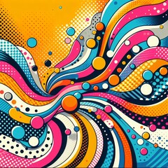A vector illustration featuring a colorful background in pop art style, characterized by an abstract spotty pattern reminiscent of the Memphis texture style. This vibrant and dynamic design