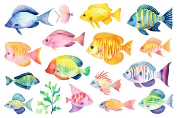 A variety of colorful fish, including goldfish, swimming among seaweed and coral. The fish range in size, shape, and color. The image is set against a white background.