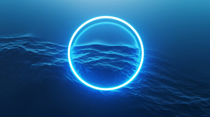 neon blue circle illuminates in dark serene water, creating a mystical atmosphere - obrazy, fototapety, plakaty