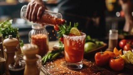 Fototapeta na wymiar bartender skillfully pours a vibrant, spicy michelada into a salt-rimmed glass, ready to be enjoyed amidst a backdrop of fresh garnishes and savory snacks