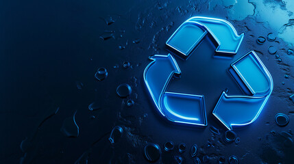 glowing blue recycle symbol on a wet, dark surface, highlighting the concept of environmental conservation - obrazy, fototapety, plakaty