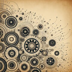 "An abstract background featuring retro gearwheel mechanisms, representing machine technology. This design may incorporate gears and machinery elements, creating a vintage or steampunk-inspired 