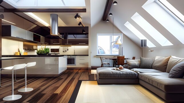 slanted roof modern living room interior render, with living room and kitchen sharing same space, open space
