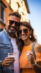 Smiling couple in sunglasses toasting drinks in a vibrant city atmosphere.