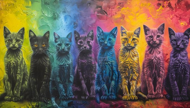 cute colorful cats lined up next to each other rainbow colors 