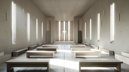 the inside of a church full of benches, in the style of minimalist backgrounds - obrazy, fototapety, plakaty