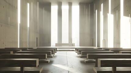 the inside of a church full of benches, in the style of minimalist backgrounds