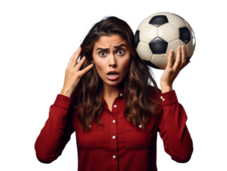 A portrait of the young beautiful woman footbal fun with ball in the hand isolated on transparent background.