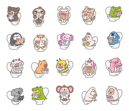 Cute animal pooping on toilet and read newspaper. Funny cartoon characters. Hand drawn style. Vector drawing. Collection of design elements.