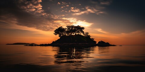 Island in the middle of the sea ocean lake with many trees. Relaxing sunset background scene view