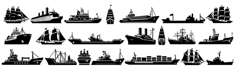 Set of collections of sea ships, sailing ships, Cruise ship, cargo ships, water transportation - vector illustration