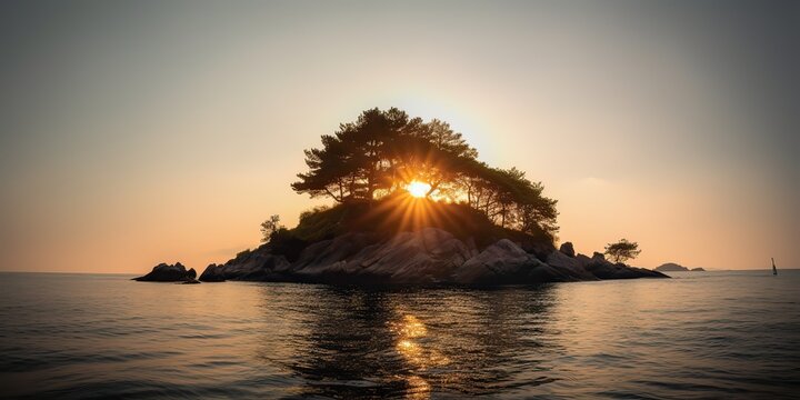 Island in the middle of the sea ocean lake with many trees. Relaxing sunset background scene view