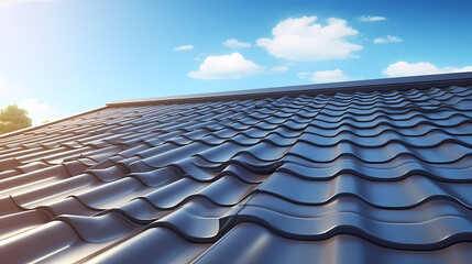 Fototapeta premium Photo of new roof, close-up of roof tiles against blue sky