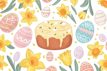 Gordijnen Joyful Easter illustration of traditional cake, surrounded by decorated eggs and cheerful daffodils, capturing the essence of the spring holiday © paffy