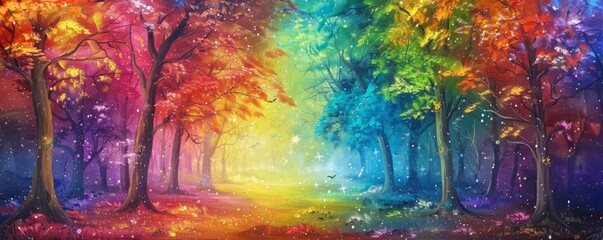 Obraz na płótnie Canvas a colorful painting of a forest with colorful trees Generative AI
