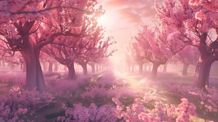 Pink beautiful blooming garden of trees