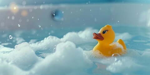 Yellow rubber duck toy floating on a bubble bath tub, top view, copy space, summer vacation, relaxation, bubble bath. - obrazy, fototapety, plakaty