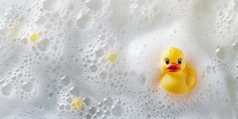 Yellow rubber duck toy floating on a bubble bath tub, top view, copy space, summer vacation, relaxation, bubble bath.