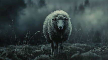 A lonely lost sheep in fog. Suitable to add text.