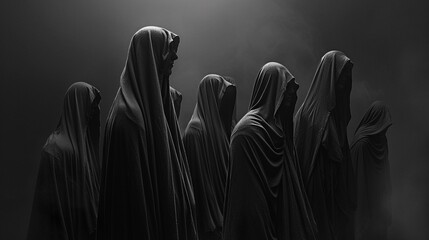 Several ghostly figures in black cloaks in a dark background, mysterious scene cult ceremony film scene.