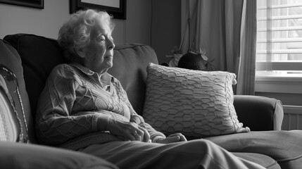 Lonely old lady sitting on sofa at home thinking pondering alone, thoughtful mature 60s woman feel loneliness solitude, mono color. - obrazy, fototapety, plakaty