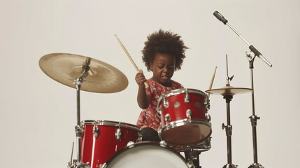 Cute hipster little girl drummer beating drum set devotedly isolated on white background, young...