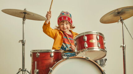 Cute hipster little girl drummer beating drum set devotedly isolated on white background, young...