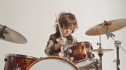 Fototapeta na wymiar Cute hipster little boy drummer beating drum set devotedly isolated on white background, young musician performing isolated on white.
