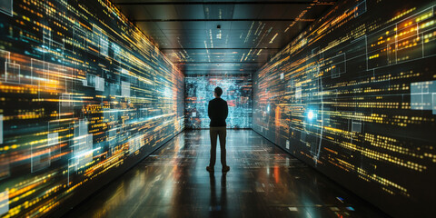 people silhouette in front of abstract connection at abstract social network in big data concept footage with a global linked flow of people portraits on virtual world.