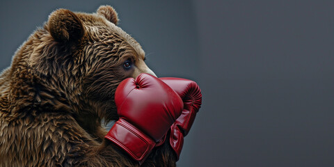 Fiercely grizzly bear boxer wearing red boxing gloves isolated on dark gray background with copy space, close up. - obrazy, fototapety, plakaty