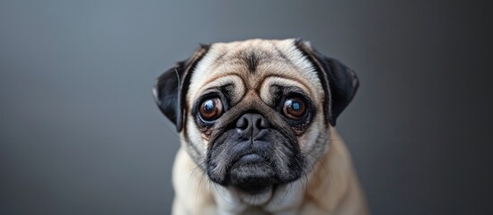 Depressed pug dog photographed up close against a gray backdrop, making direct eye contact with the camera.