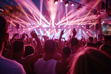 Many people standing with raised hands up in nightclub, rock concert, music festival, party. Entertainment, night life, vacation, dance floor, disco club concept