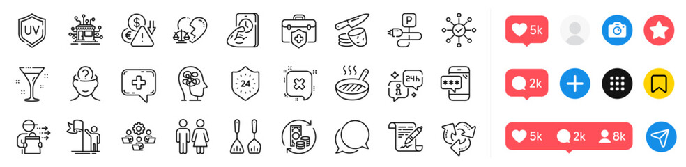 Change money, Charging parking and Food delivery line icons pack. Social media icons. Phone password, Deflation, Cocktail web icon. Leadership, Recycle, Psychology pictogram. Vector