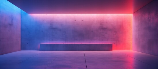 An abstract architectural concrete interior of a minimalist house with a bench in the middle. The room features color gradient neon lighting, creating a modern and sleek atmosphere.