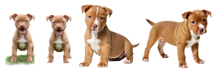 Red nose pitbull puppy isolated on transparent background or white background, different positions, puppy standing and sitting, front and side view, looking at the camera, PNG