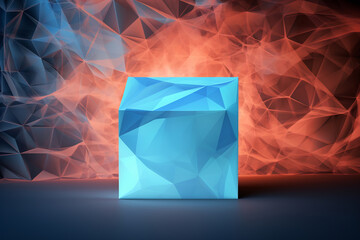 Fototapeta premium Futuristic Blue Cube with copy space on Abstract Polygonal Background